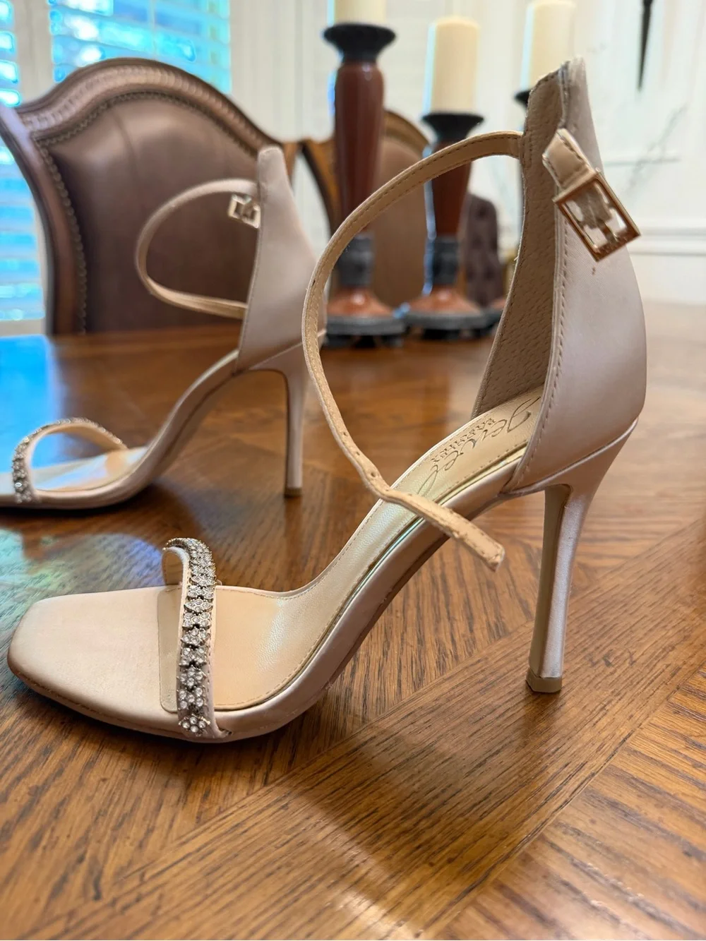Jewel Badgley Mischka Blush Cream Satin Crystal-Strap Ankle-Heels